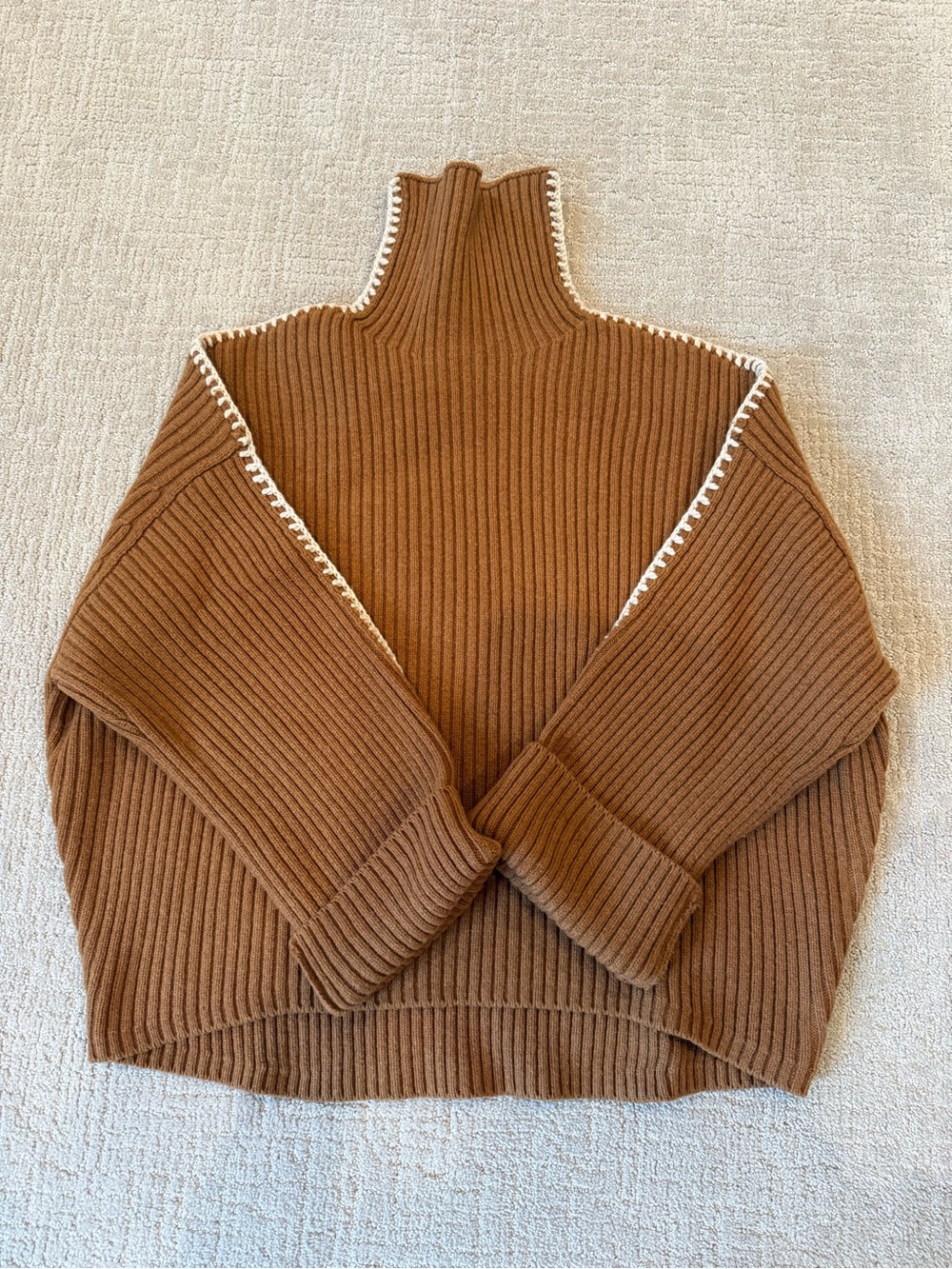 rag & bone Chestnut Ribbed Turtleneck Sweater with Cream Trim